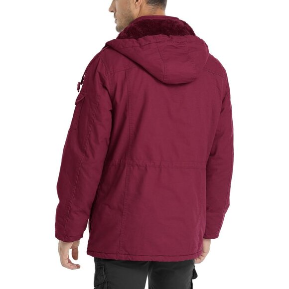Mens Wine Red Thick Winter Jacket Hooded Fleece Lined Cotton Military Coat - Picture 6 of 6
